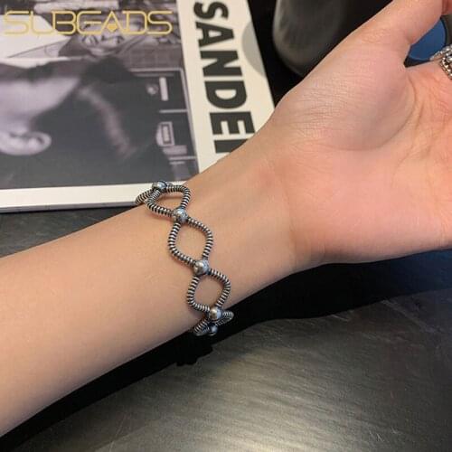 Subeads 925 Sterling Silver Vintage Cross Distortion Line Open Bangle For Women Girls Adjustable Bracelet Fine Jewelry Gifts