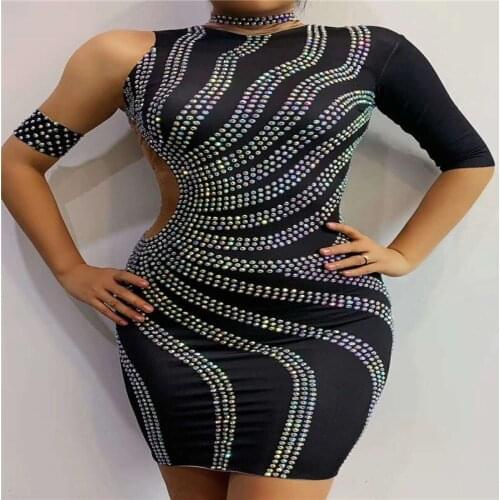 V17 Ballroom dance sexy rhinestones women dress black fabric crystal elastic skirt disco wear costumes party diamond outfit club