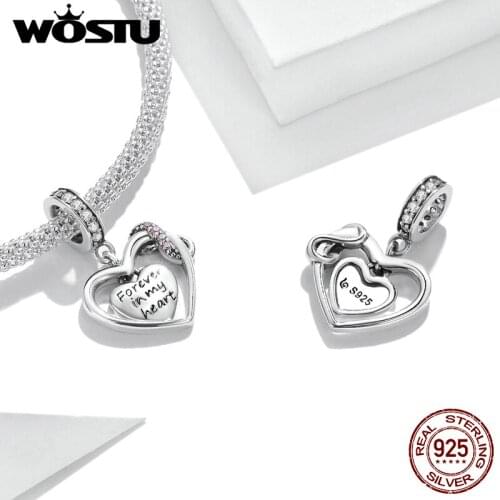 WOSTU Double-Circled Charm 925 Sterling Silver Bead Heart-shaped Pendant Fit Original Bracelet Fine DIY Jewelry Gift FNC482