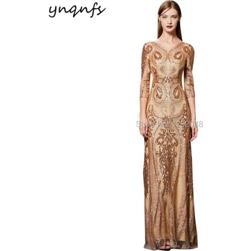 YNQNFS M129 V Neck 3/4 Sleeve Gold Peacock Evening Prom Formal Dress Party Gold Sequin Gown Mother of the Bride Dresses 2019