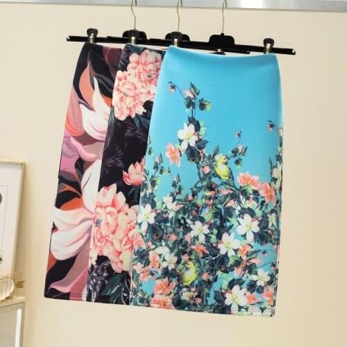 Summer Autumn Fashion Blue Flower Print Women Pencil Skirts High Waist Office Ladies Midi Skirt Female Saias Falda Girls Bottoms