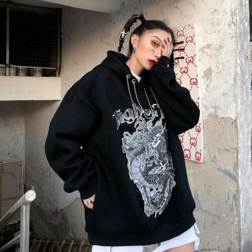Deeptown Dragon Print Hoodie Women Autumn Winter Punk Oversized Sweatshirt 2021 Hip Hop Black Long Sleeve Pullover Casual Chic