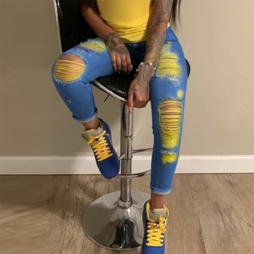 Yellow Ripped Holes Jeans Denim Pant Women 2020 New Streetwear Broken Jeans High Waist Skinny Pencil Pants Slim Femme Jean Mujer