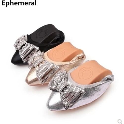 Women Dancing Flats Pointed Toe With Crystal Bow-knot Patchwork Microfiber Shoes Breathable Black Gold Silver Plus Size 43 34