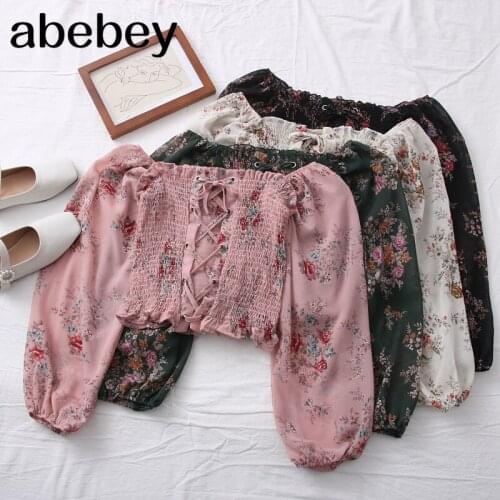 2021 New Spring Summer Floral Print Chiffon Blouse sexy off shoulder Slash Neck Chiffon shirt cross strapping short Tops