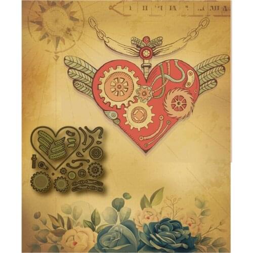 2021 new cut die steampunk love heart wings gear die in scrapbook metal cutting mold decoration layered template DIV stamp frame