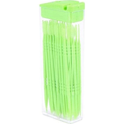 50 Pcs Plastic Toothpicks 2 Way Tooth Picks Inter Brush Cleaners Portable Box Ran Color