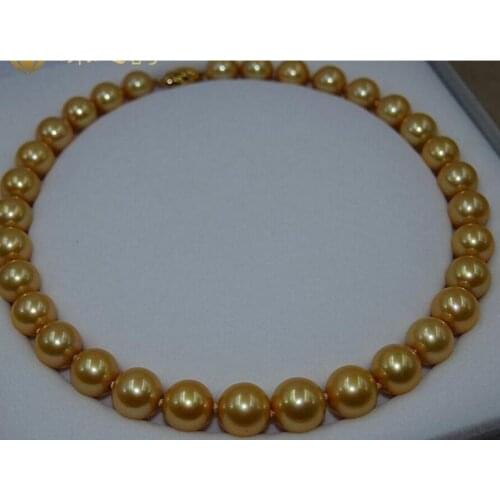 Free shipping 18''genuine AAA 11-12mm south sea golden pearl necklace 14K Gold Clasp