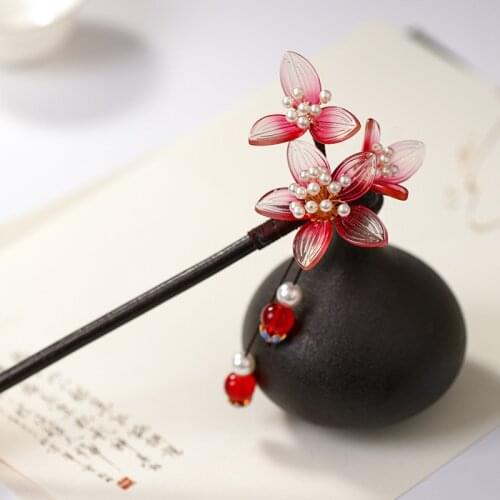 FORSEVEN Wooden Flower Tassel Pearls Hairpins Clips Hair Sticks Chinese Hanfu Dress Hair Jewelry Headpieces for Women Girls