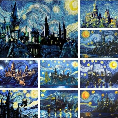 Van Gogh Starry Night Diamond Painting Cross Stitch Kit Castle Abstract Oil Painting Mosaic 5D DIY Diamond Embroidery Home Decor