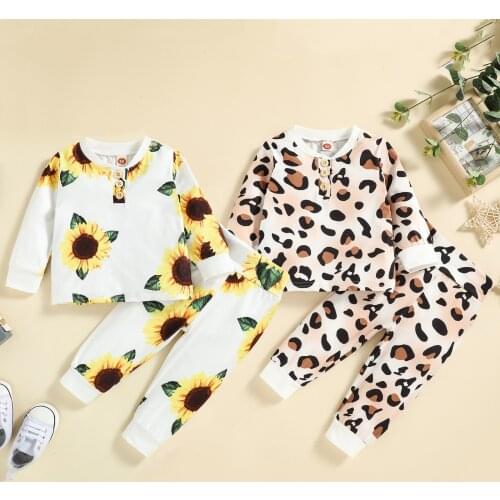 Infant Baby Girls Clothes Set Cotton Leopard Print/Sunflower Top+Pant Toddler Girls Outfits Spring Autumn Newborn Clothing