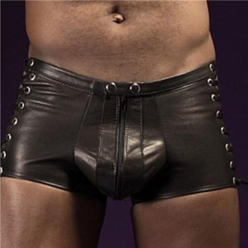 Bondage Zipper open mens shiny leather short shorts Gothic punk crazy fancy Europe strong man tide male clubwear