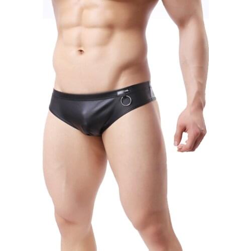 Sexy Underwear Men Briefs Shorts Black Faux Leather Low Waist T Pants Man U Convex Pouch Underpants Cueca Calzoncillos M L XL