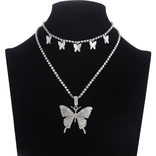Layered Butterfly Necklace Chain Set Luxury Rhinestones Choker Women Jewellery Pendant Statement Fashion Jewelry Bulk Wholesale