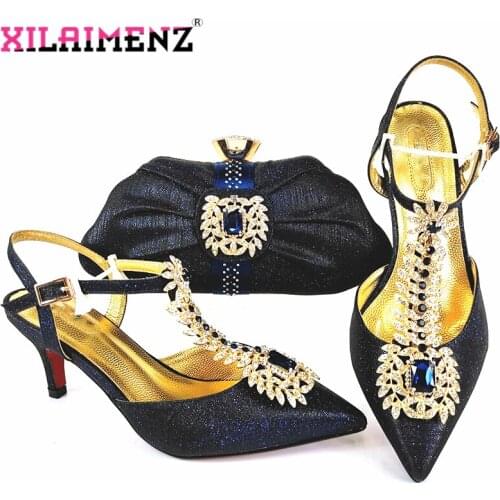 Popular 2021 New Coming Italian Shoes and Bag Set for Party Christamas New Arrivals Women Shoes Matching Bag in Dark Blue Color