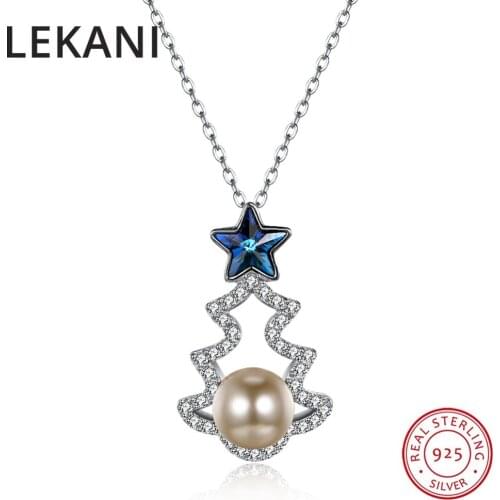 LEKANI Real 925 Sterling Silver Christmas Tree Pendant Necklace Crystals From Swarovski Pearls Jewelry For Women Party Gifts