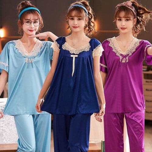 Sexy Lace V-neck Short Sleeve Long Pants Silk Satin Pajama Sets Women Autumn Sleepwear Suit Pyjama Homewear Pijama Mujer Clothes