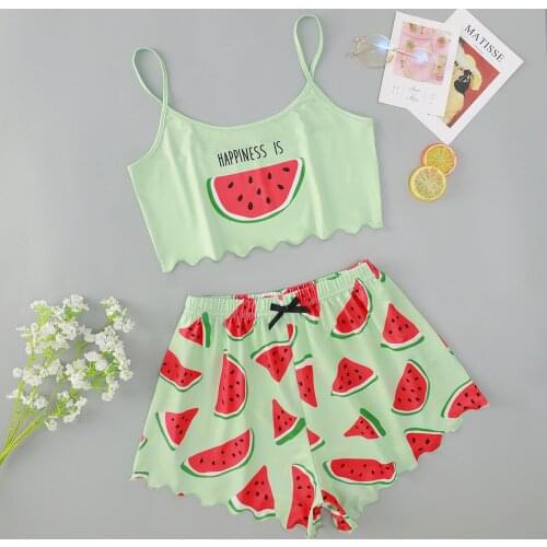 Watermelon Print Pyjamas Women Soft Sexy Nightwear Suit Cotton Lingerie Pleated Sleepwear Sets Strap Top+Loose Shorts 2 Pieces