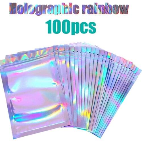 100pcs Flat Zip Lock Bags Package Bag Holographic Ziplock Bags Bath Salt Cosmetic Bag Mini Aluminum Foil Bags Makeup Zipper Bag