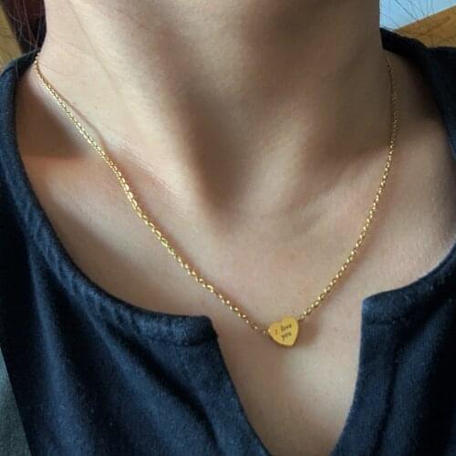 Lovely Glossy “I love you‘’ Small Heart Pendant Necklace Simple Stainless Steel Chain Choker Letters Carved Charm Necklaces
