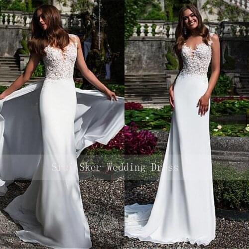 Attractive Chiffon Jewel Neckline Sheath Wedding Dresses with Train Fashion Bridal Gowns Sexy Illusion Back with Appliques