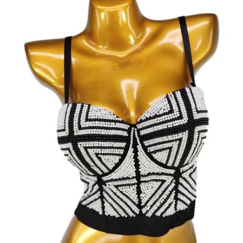 Hand-made Luxury Black and White Pearls Womens Bustier Push Up Bra Cropped Tops Nightclub Party Vest Corselets Bralette