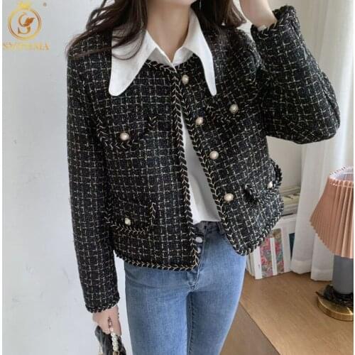 SMTHMA Women 2021 New Fashion Black Plaid Tweed Woolen Jacket Coat Vintage Long Sleeve Female Outerwear Chic Tops