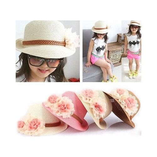 New Fashion Girls Wide Brim Trilby Straw Cap Cute Flower Decoration Summer Sun Hats Beach Floral Sunhat