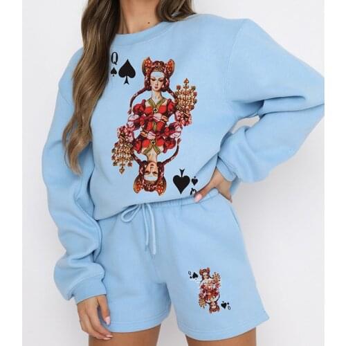 Goth Poker Fun Printed Tracksuits Long Sleeve Tops Oversized Sweatshirt Shorts Two Piece Sets 2021 Autumn New Fashion Streetwear