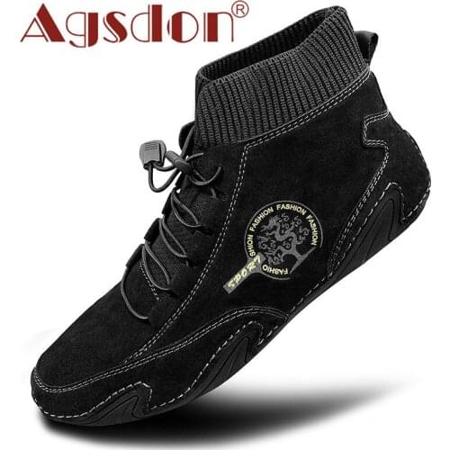Vintage Men Boots Suede Leather Ankle Boots Men Warm Fur Winter Snow Boots High-top Casual Shoes Sneakers Elastic-band Botas Man