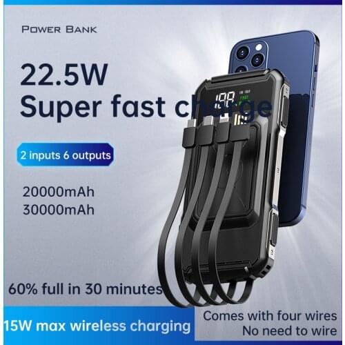 22.5W Fast Charge Power Bank 30000mAh Built in Cable 15W Qi Wireless Charger for iPhone 12 Samsung S20 Airpods 5 4 3 2 Powerbank
