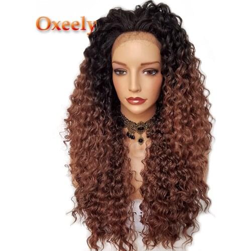 Oxeely Kinky Curl Synthetic Lace Front Wigs Ombre Hair #30 Hair Color Black Roots Heat Resisitant Natural Baby Hair