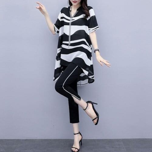 High Quality Plus Size Womens Two-Piece Suits Summer New Casual Elegant Tassel Zebra Print Blouse Black Pencil Cropped trousers
