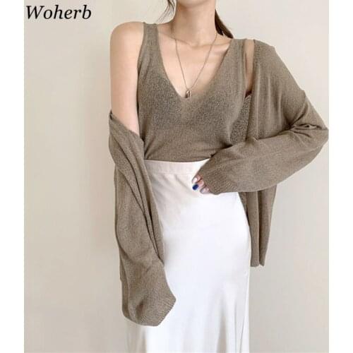 Woherb Elegant Womens Sweaters Autumn Vintage Cardigans Loose Winter Sweater Knitted New Women Cardigan Knit Two Piece Set