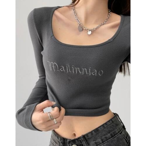 WOMENGAGA Women Square Neck long Sleeve Tight Elastic Tops Autumn Letter Embroidery Simple Open Navel Women T-shirt 6KXF