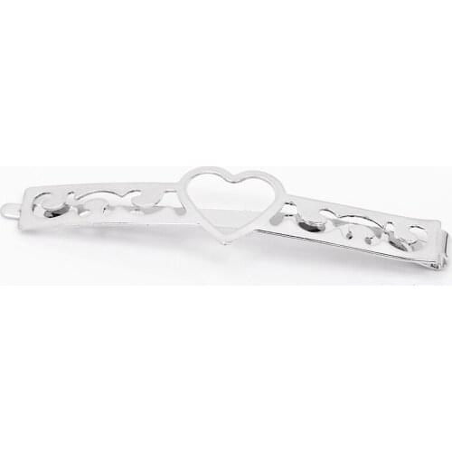 20pcs Hollow Heart Decorative Alloy Hair Clip, 66x15mm White Gold Plated Hairpin Setting-10011203