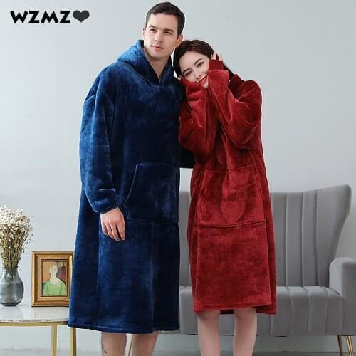 Winter Flannel Hooded Robes For Women Night Dresses Fashion Front Big Pocket Kimono Nightgowns Lazy Sleepwear TV Hoodie Blanket