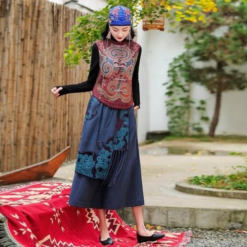 Women Retro Embroider Cotton Linen Wide Leg Pants Chinese Style Tassel Bottoms Vintage Elastic Waist Loose Casual Trousers 12668