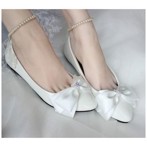 Plus sizes Flat heel bow bowknot wedding shoes for women white ankle beading pearls bracelets comfortable brides bridal shoes