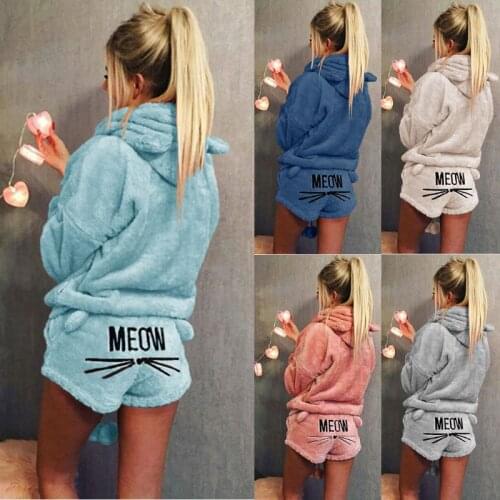 Women Girls Plus Size Winter Thicken Pajamas Set Cute Meow Embroidered Short Pants Long Sleeve Hooded Ears Sweatshirt Warm