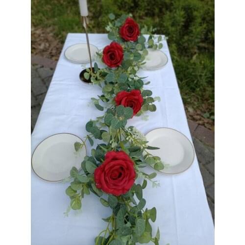 1pcs Artificial Eucalyptus Leaves Flowers Garland With Willow Silk Rose Vines For Wedding Party Table Greenery Garland Indoor