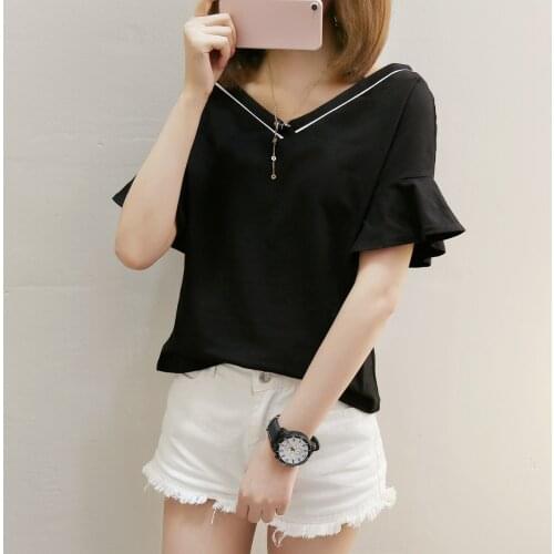 2017 summer dress new solid color V-collar short-sleeved t-shirt womenmmer dress loose sexy open-back horn sleeve careful mac