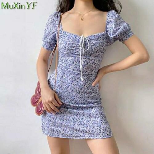 2021 Women Summer Floral Puff Sleeve Dress Boho Fashion Square Collar Lace Up Sexy Mini Dresses Lady Trendy Print Streetwear