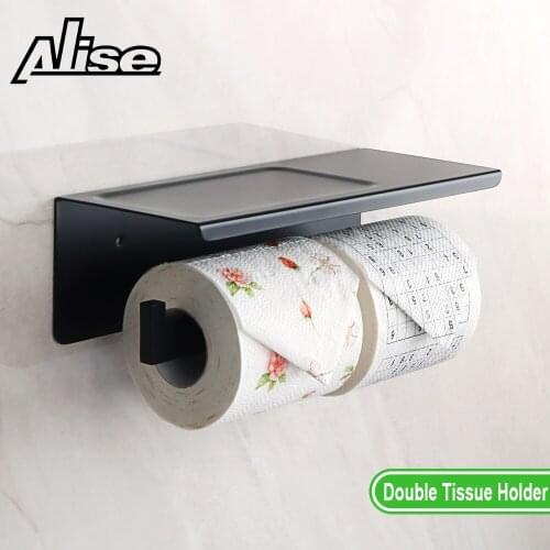 Double Toilet Paper Holder Bathroom Tissue Roll Holder with Shelf, Tissue Roll Holder with Phones Storage Rack Wall-mounted