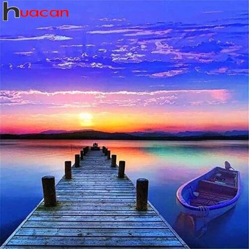 Huacan Square/round Diamond Painting Sunset Bridge Scenery Mosaic River Ferry Embroidery Night Diamond Art Wall Stickers