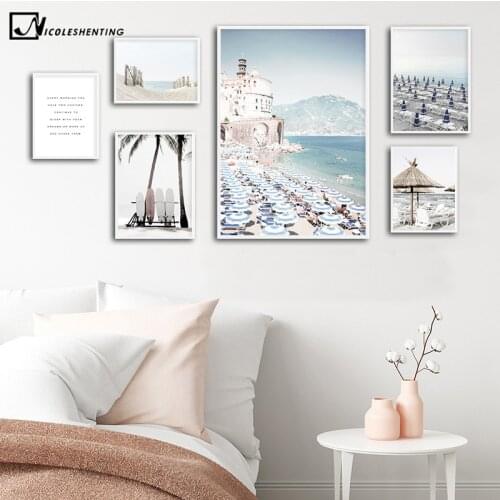 Italy Amalfi Coast Umbrella Poster Nature Landscape Print Sea Beach Surfboard Canvas Art Painting Seascape Picture Wall Decor