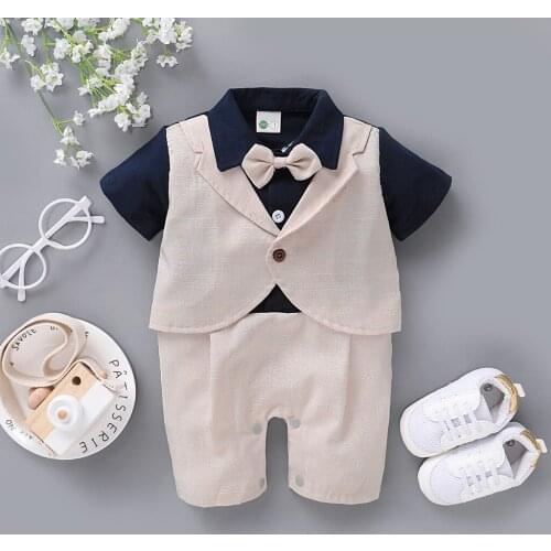 Baby Clothing Newborn Baby Boys Short Sleeve Gentleman Bow Tie Solid Romper Jumpsuit Button Childrens Cute Little Suit Clothes