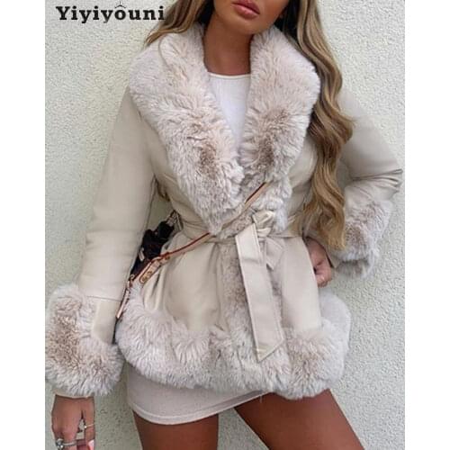Yiyiyouni Winter Warm PU Leather Jackets with Belt Women Elegant Slim Faux Fur Coats Women Long Sleeve Pockets Overcoat Female