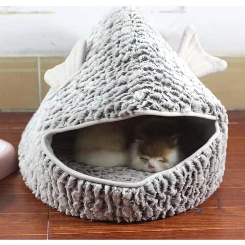 WARMMIKI Fish Shape Cat Bed Nest Warm Kitten Dog Sleeping Beds Kennel Soft Pet Sofa Nests For Small Dogs Cats With Thick Cushion