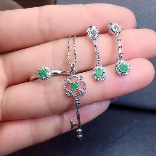 Real Natural Emerald jewelry set Natural Real Emerald 925 sterling silver 1pc pendant,1pc ring,2pcs Earring